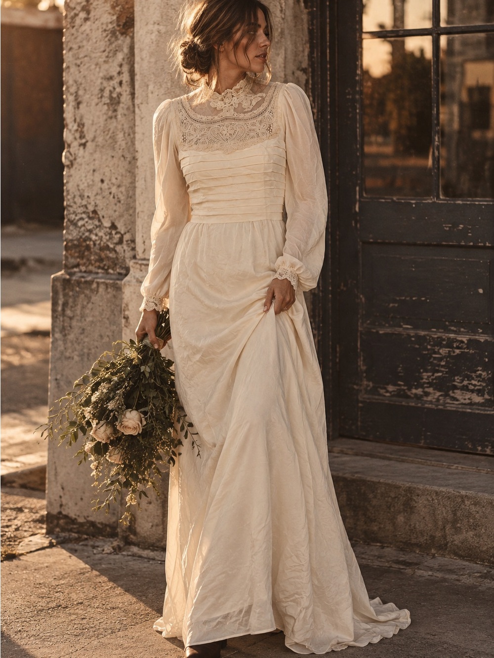 Vintage Cream Prairie Style Dress with Lace Detail